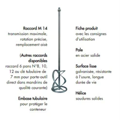 Pale De Malaxage à Hélice Pour Mortier Ø 120mm Raccord M14 Diam Industries - Longueur 600mm